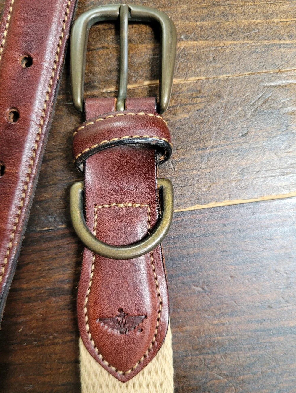 Dockers Belt Brown Tan Leather Woven Canvas Brass Buckle 32